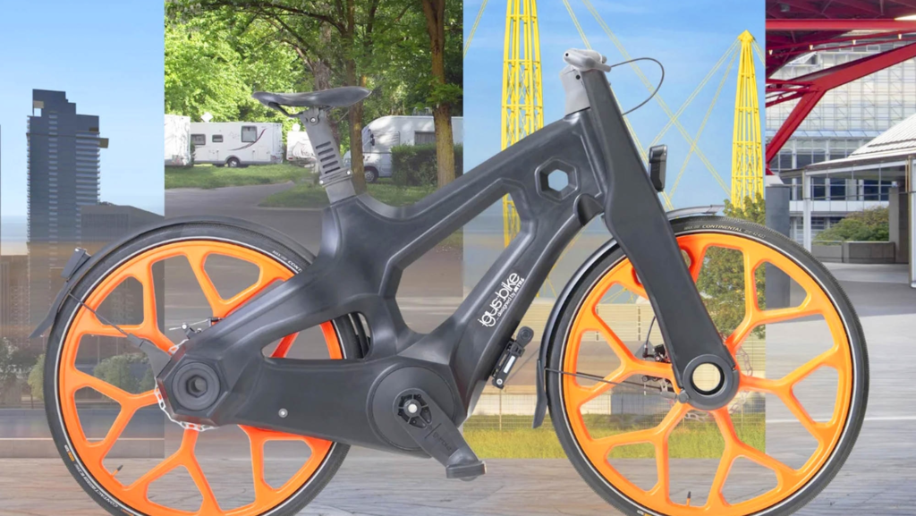 El cuadro de esta bicicleta eléctrica pesa tan solo 3,3 kilogramos, es de plástico, más barato que los convencionales y 100 % reciclable